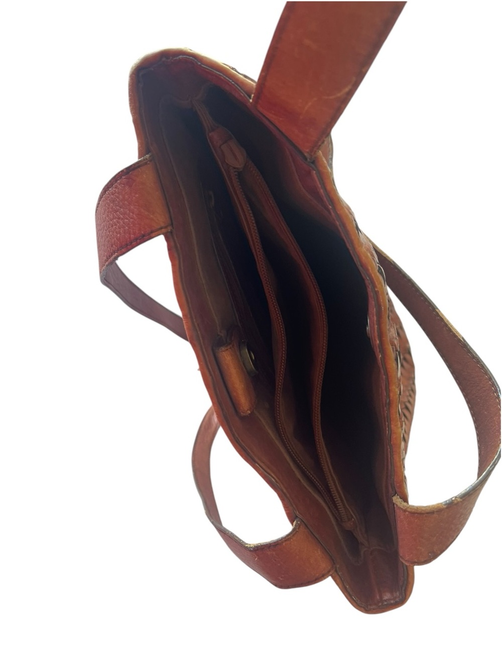 Vintage Fossil Woven Leather Shoulder Bag Tote Cognac Brown Boho Crossbody - Picture 9 of 14
